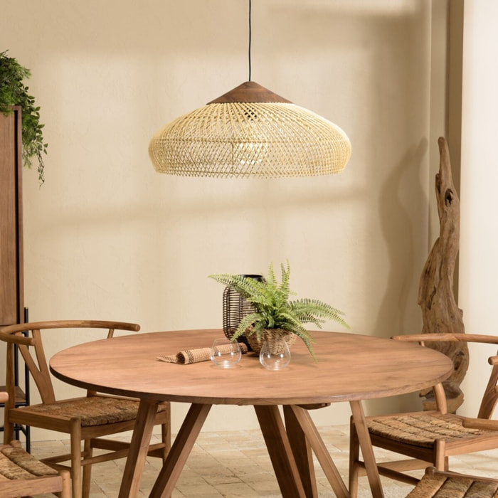 SIXTINE - Suspension 65x65cm en rotin couleur naturelle et teck recyclé