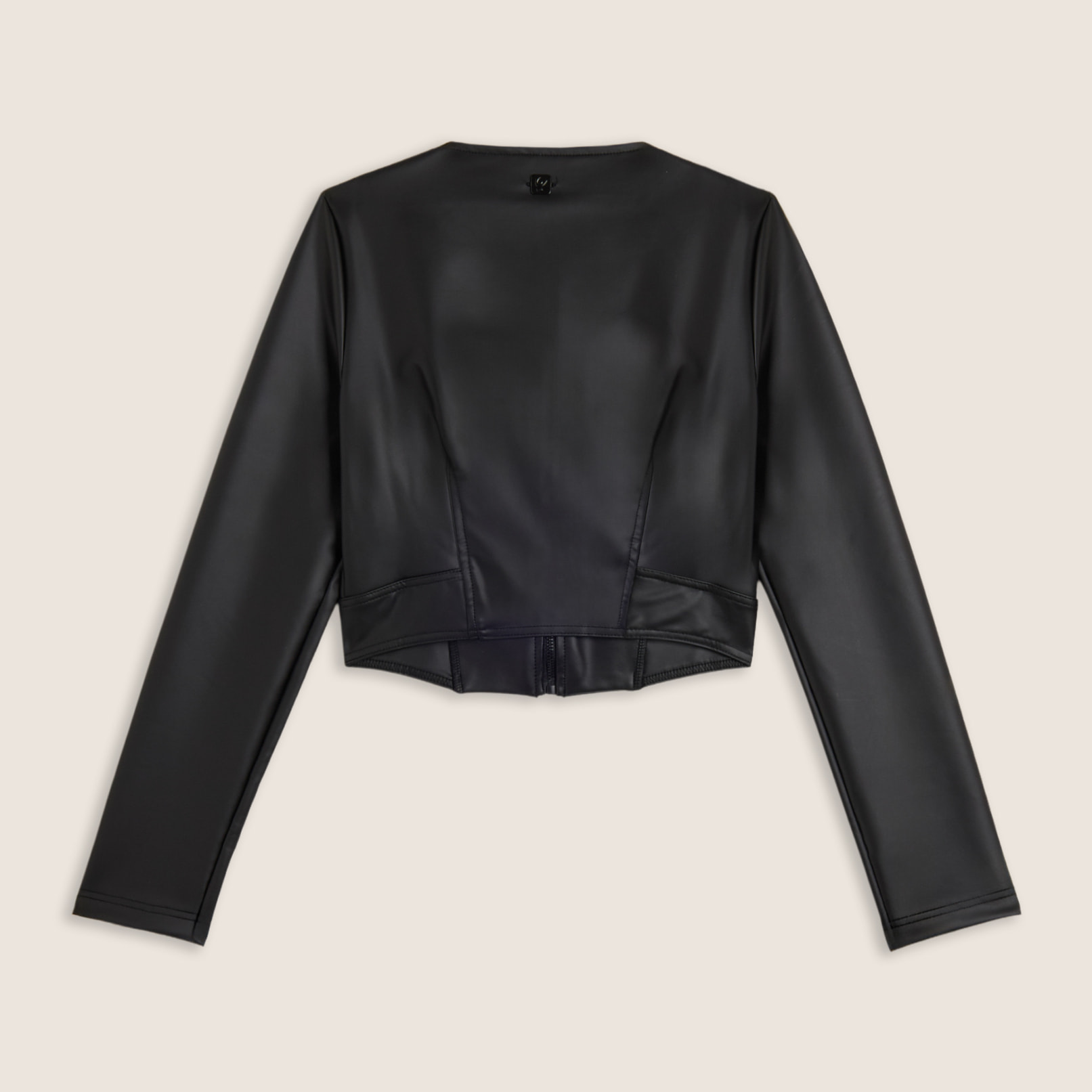 Giacca cropped in similpelle con zip in metallo