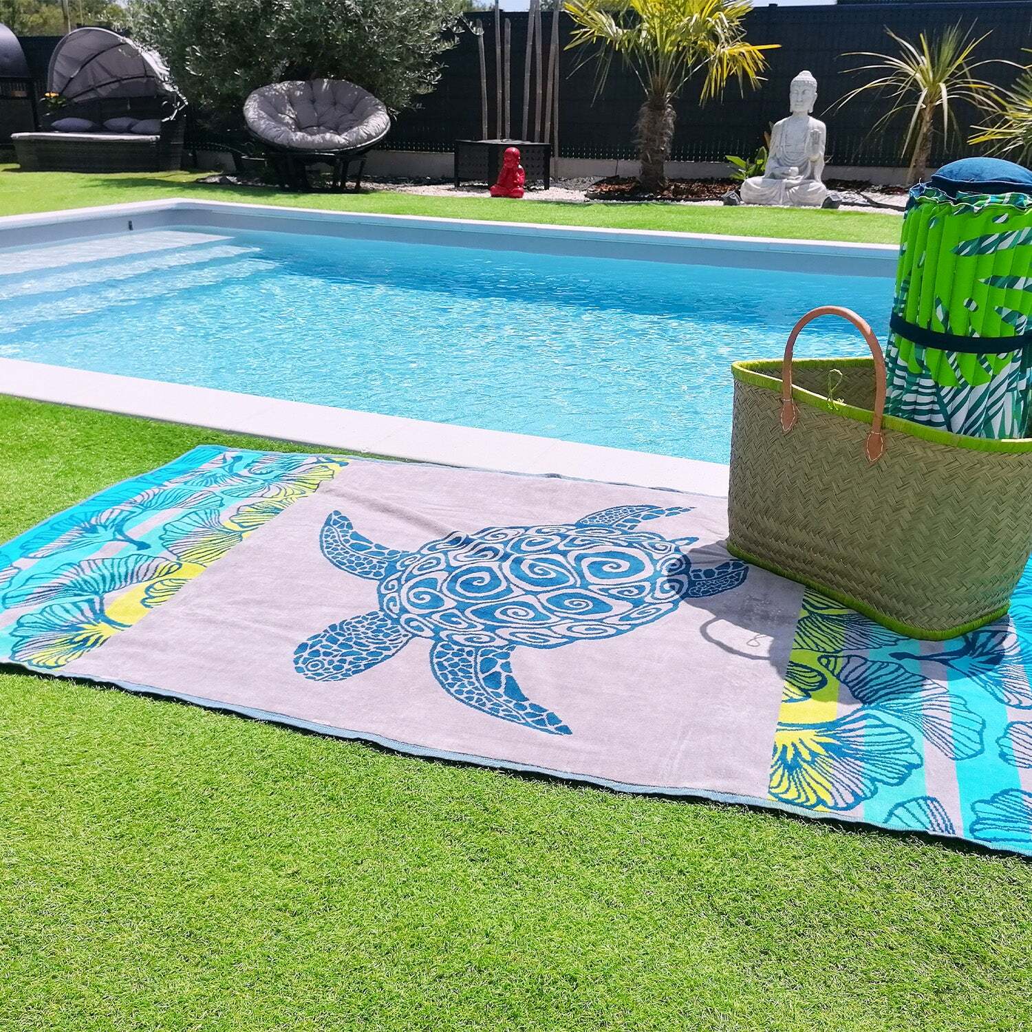Serviette de plage éponge velours Jacquard Bleu 100x175 470g/m² - Playamar