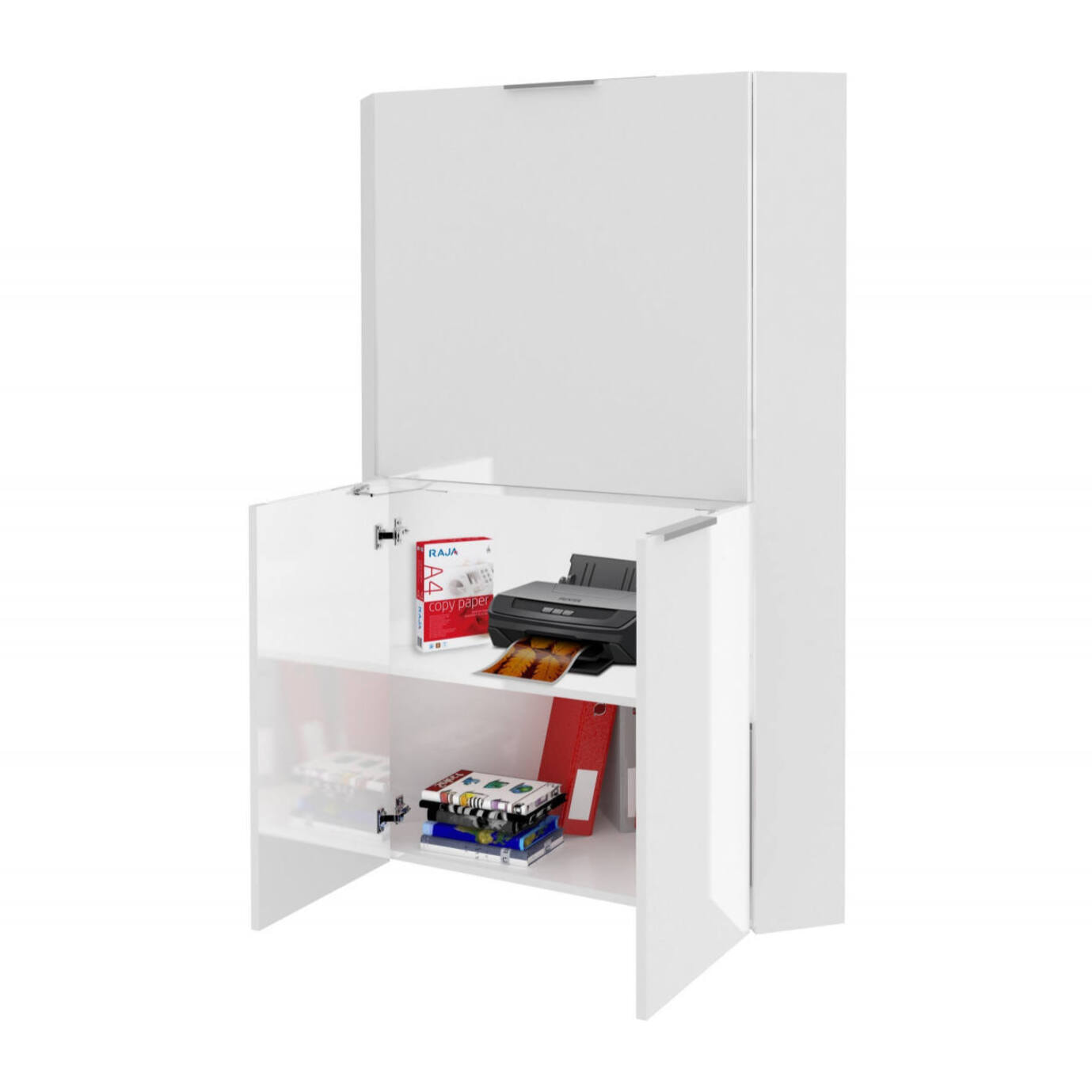 Scrivania Akiro, Mobile multiuso con scaffali e piano da lavoro, Tavolo multiuso per ufficio, Scrivania salvaspazio multiposizione, 100% Made in Italy, cm 70x57h140, Bianco lucido