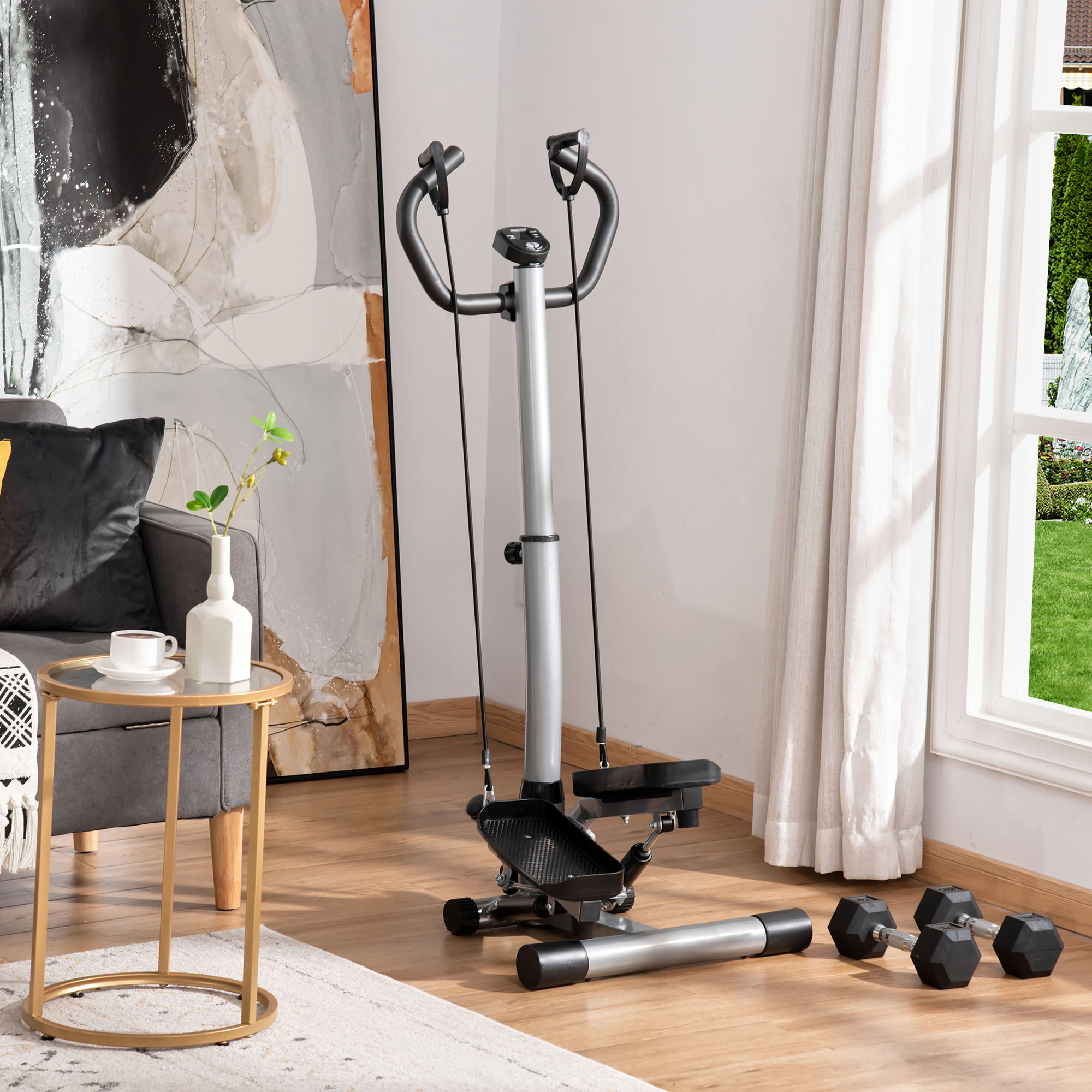 Máquina de Step Stepper Fitness con Manillar Altura Ajustable Pantalla LCD Cintas y Pedales Antideslizantes Equipo de Ejercicio para Gimnasio en Casa 55x53x118-128 cm Plata