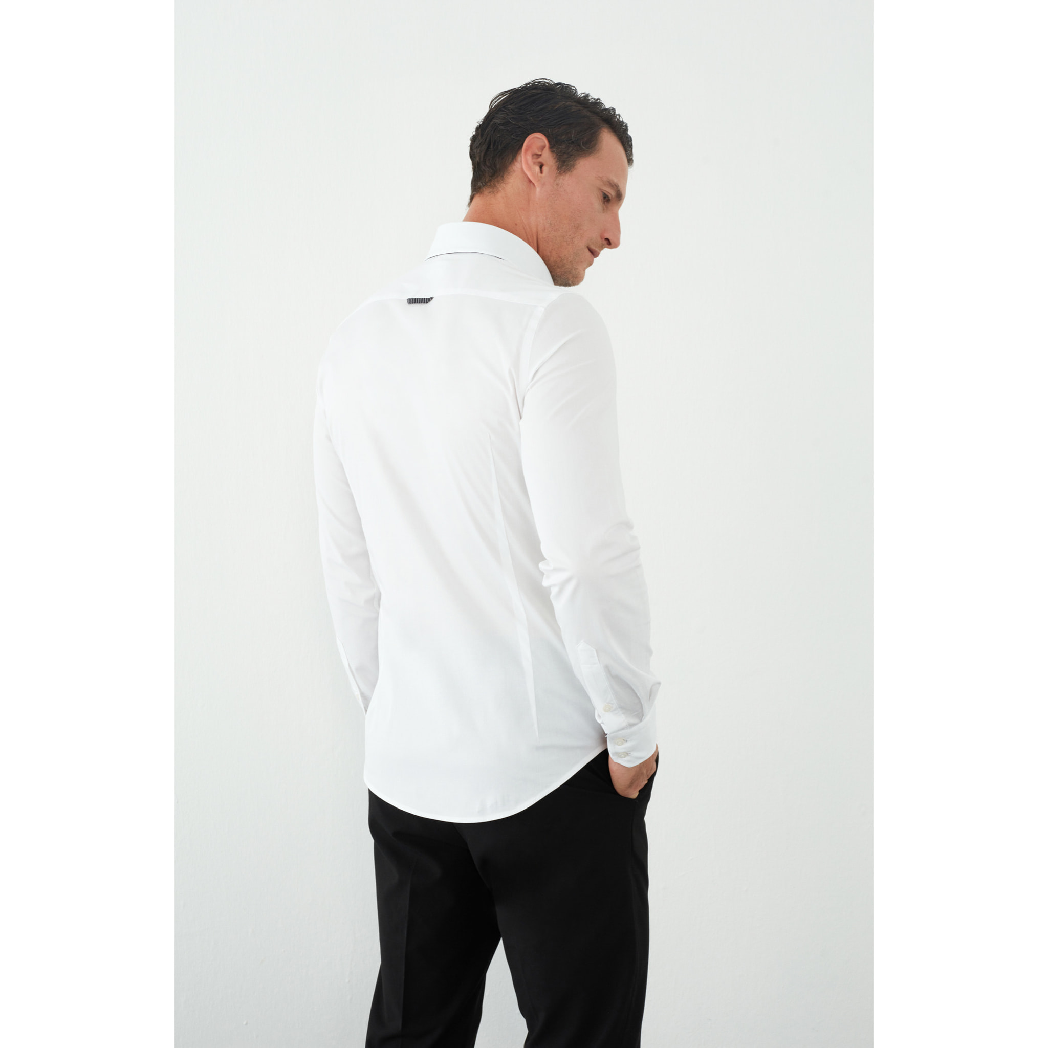 Camicia Uomo 2 Bottoni Button Down Slim Popeline Stretch Unito Bianco