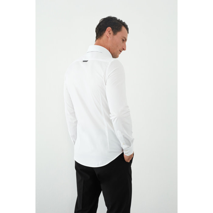 Camicia Uomo 2 Bottoni Button Down Slim Popeline Stretch Unito Bianco