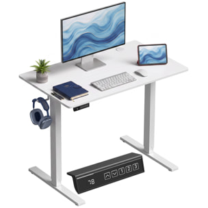 HOMCOM Escritorio Elevable 100x60 cm, Escritorio Eléctrico Regulable en Altura con 3 Alturas de Memoria, Pantalla LED, 2 Ganchos, 2 Pasacables, para Oficina en Casa, Estudio, Blanco