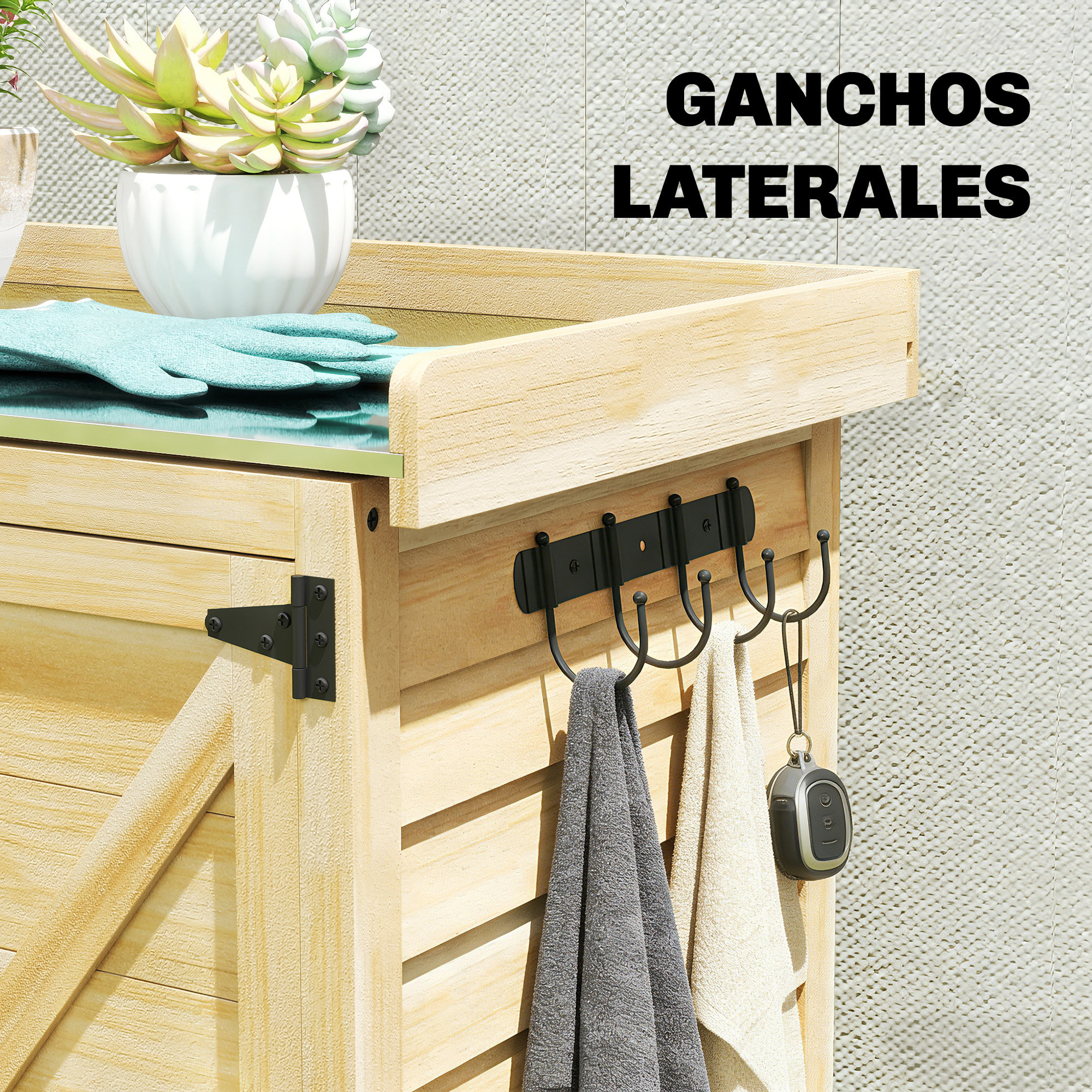 Armario de Exterior de Madera, Caseta de Jardín Exterior con Techo de Metal Galvanizado, Estantes, 2 Puertas, Ganchos, Cobertizo de Jardín para Almacenaje Herramientas, 71,5x39x95 cm, Natural