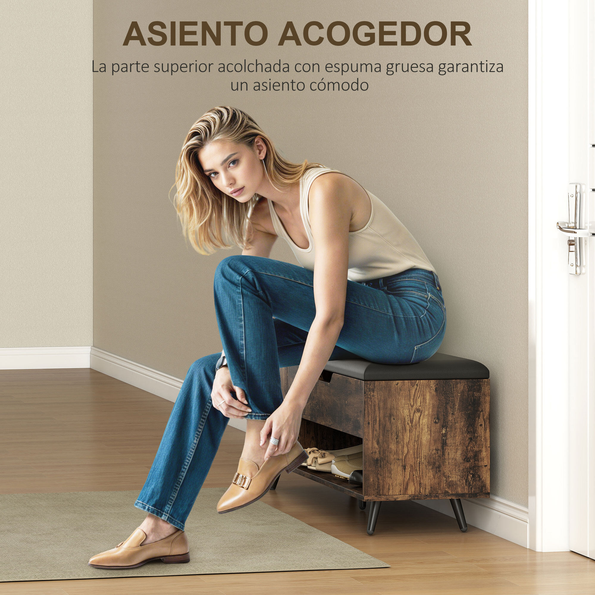 Banco Zapatero, Banco Recibidor Industrial, con Asiento Acolchado, Compartimento Oculto, Estantes, Puertas, Estante Abierto para 3 Pares de Zapatos, para Entrada, 127x35x59 cm, Marrón Rústico