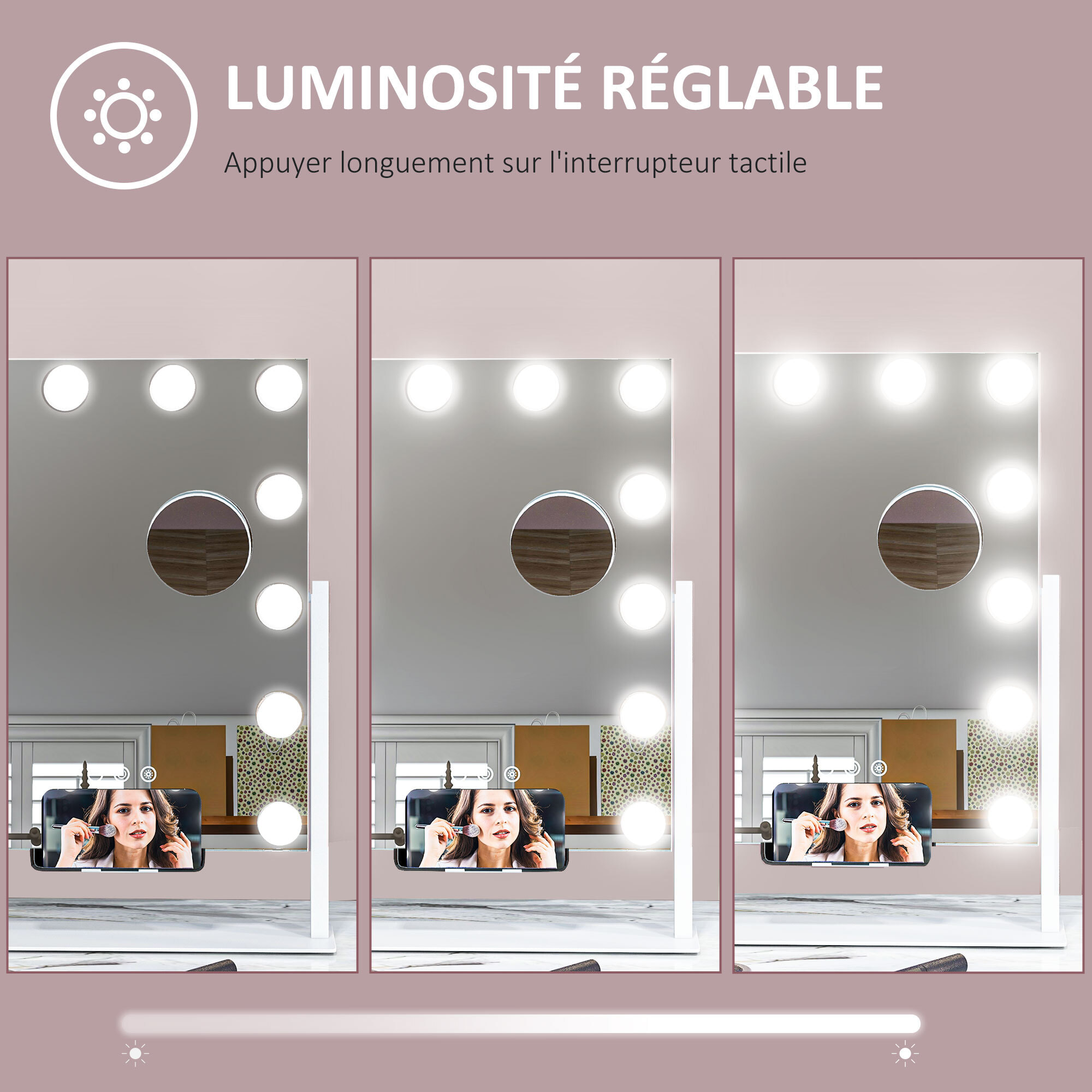 Miroir Hollywood LED rotatif grossissant dim. 36,5 x 45,5 cm 12 ampoules 3 modes luminosité port charge USB