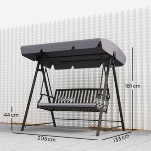 Columpio de Jardín Exterior de 3 Plazas Balancín de Jardín Exterior con Toldo Ajustable Cojín y Estructura de Acero Carga 360 kg 205x133x181 cm Gris