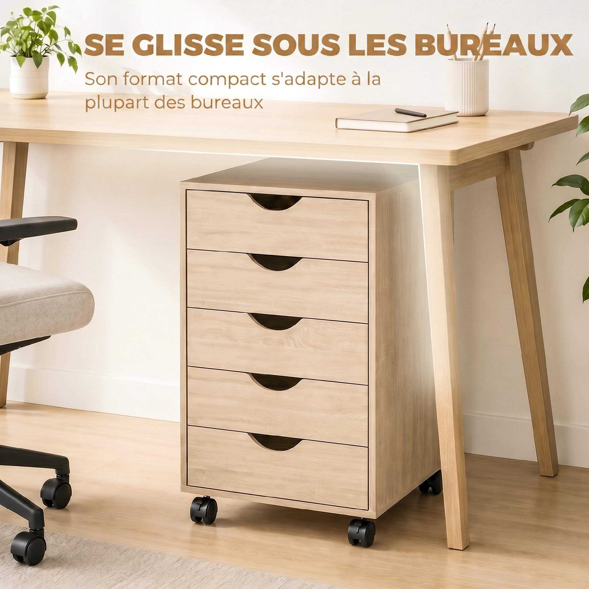 Caisson bureau 5 tiroirs mobile dim. 40x40x67cm effet bois clair