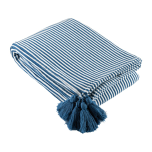 Plaid rayé à pompons - Bleu