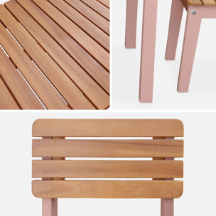 Table en bois d'acacia pour enfant. rose. intérieur et extérieur avec 2 chaises