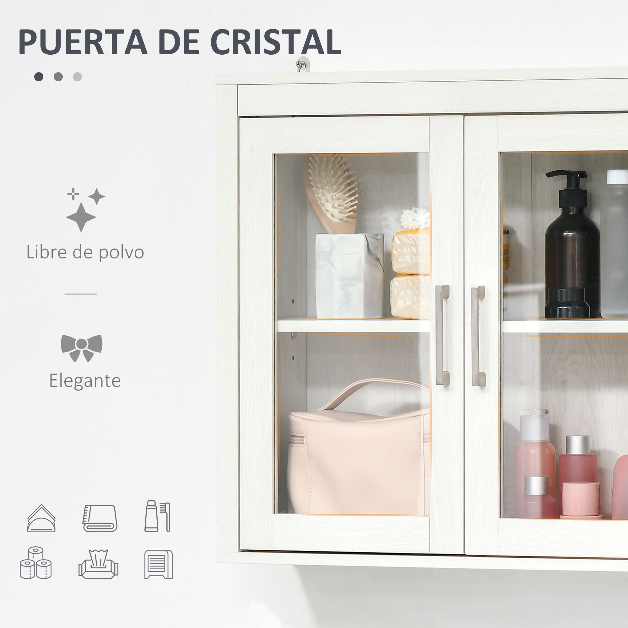 Armario de Baño de Pared con 2 Puertas de Vidrio Estante Ajustable 60x19,5x54 cm