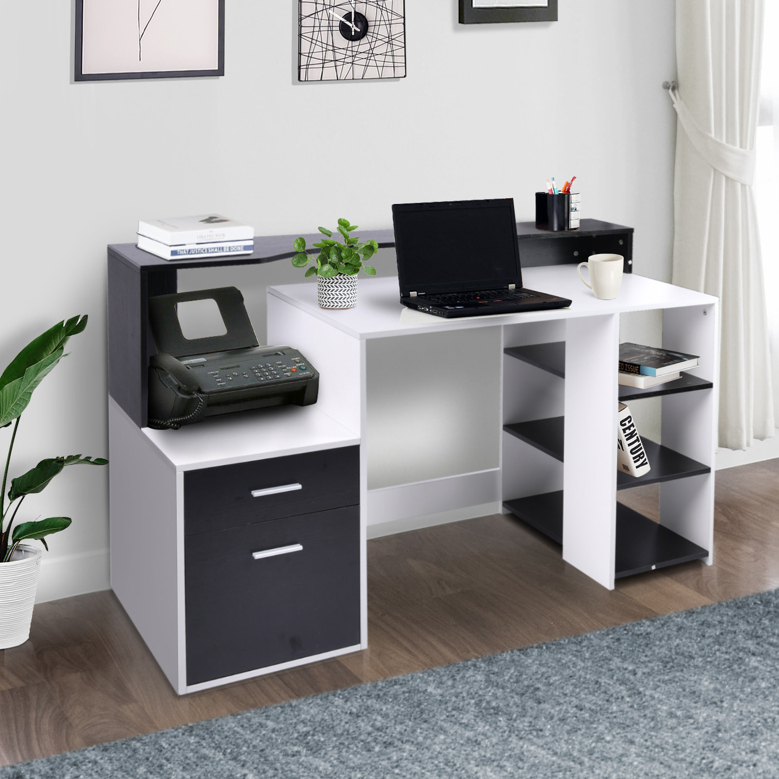 Bureau informatique multimédia design multi-rangements 137 L x 55 l x 92 H cm noir et blanc