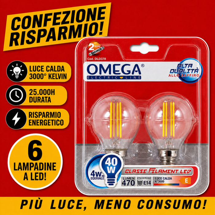 OMEGA Set 6 Lampadine Filament LED 8W E27 3000K