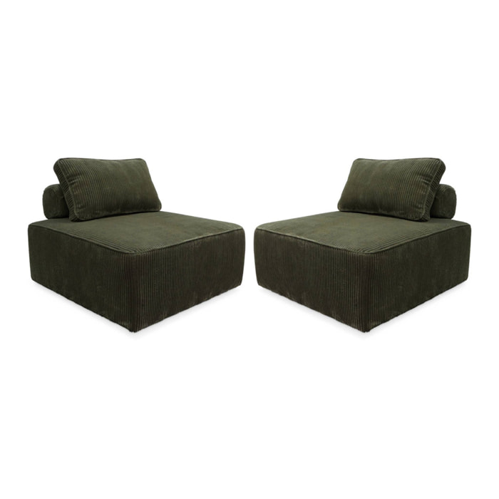 Lot de 2 chauffeuses pour canapé modulable velours côtelé vert foncé avec un coussin