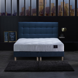 Sommier confort CRÉPUSCULE, durable avec tête de lit capitonnée bleu marine
