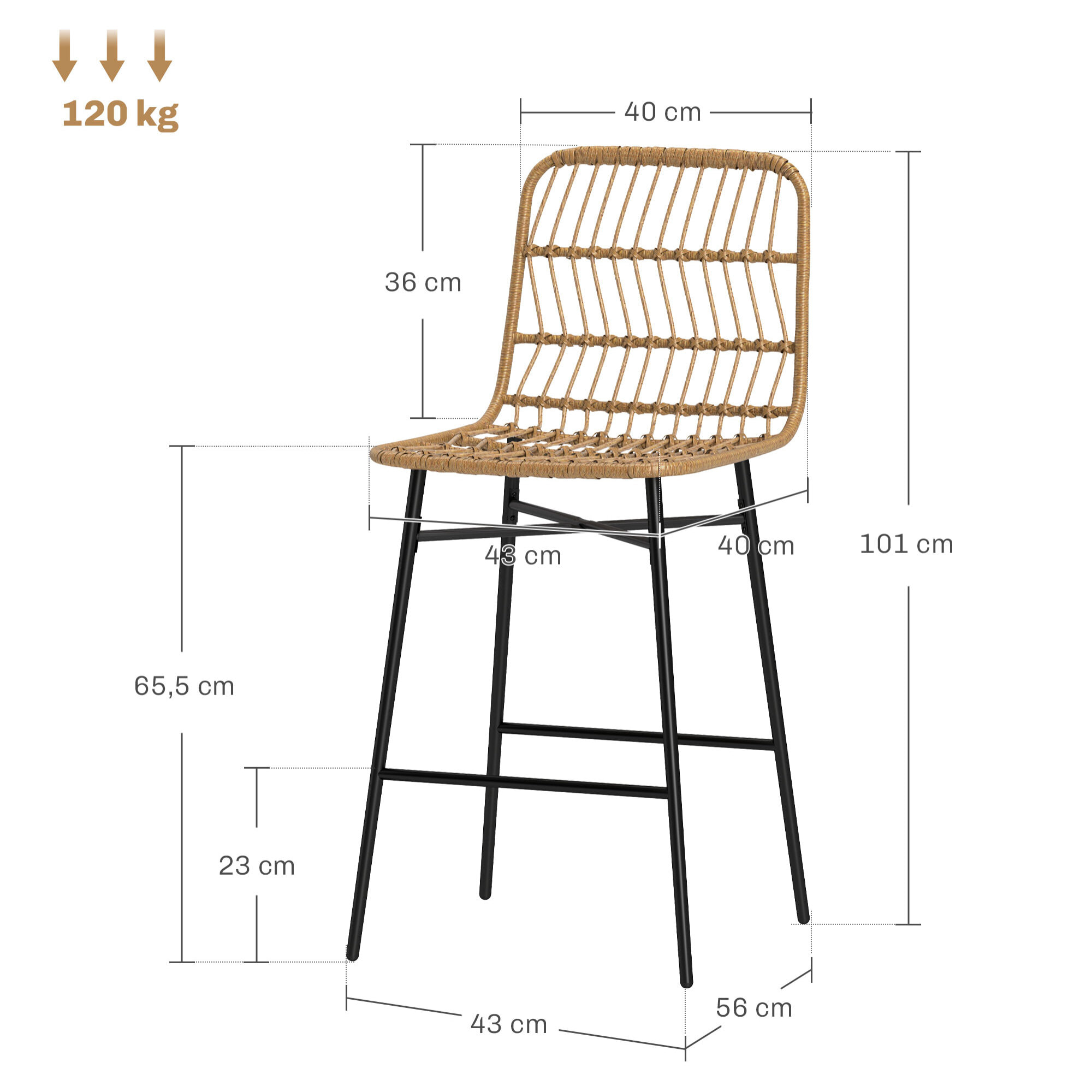 Conjunto de 2 Taburetes Altos de Cocina Taburetes de Bar con Respaldo y Asiento de Ratán Carga 120 kg Sillas de Bar Modernas para Cocina Comedor Marrón