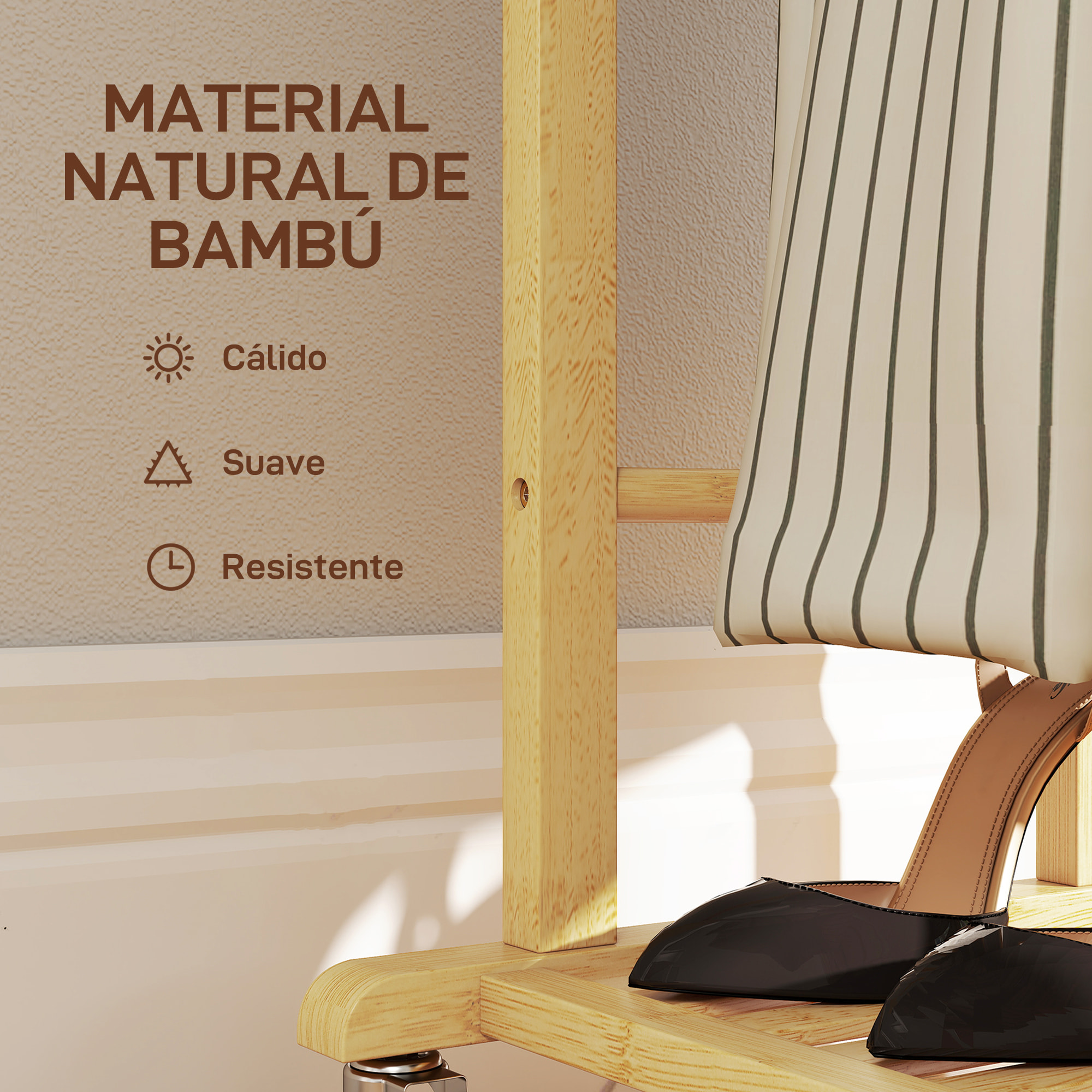Galán de Noche de Bambú con Ruedas, Perchero Burro de Ropa con Barras para Pantalones y Balda Inferior para Zapatos, Estilo Nórdico, para Dormitotio, 47x33,7x105,5 cm, Natural y Blanco