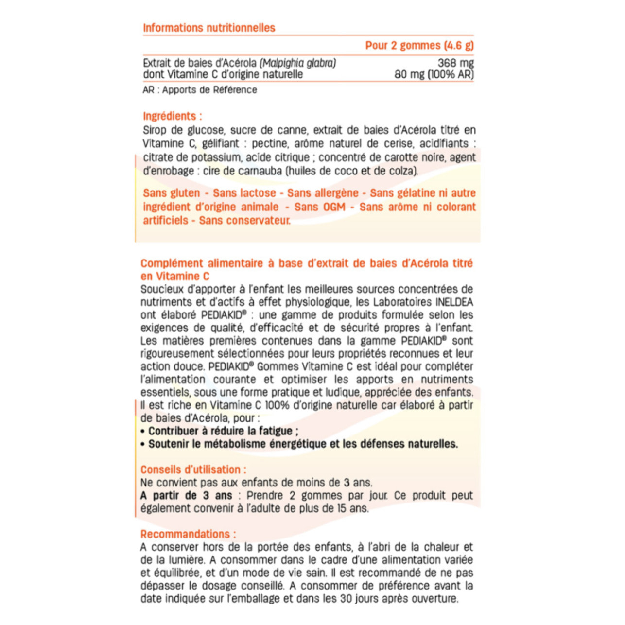 PEDIAKID - Gommes Vitamine C - Formule Naturelle au Délicieux Arôme de Cerise - Contribue à Réduire la Fatigue - Soutient le Métabolisme Énergétique et les Défenses de l'Organisme - 60 gommes