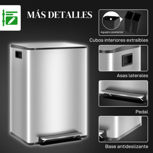 Cubo de Basura de Cocina con 2 Compartimentos 2x30L Papelera de Cocina de Acero Inoxidable con Pedal Tapa de Cierre Suave y Cubo Extraíble para Dormitorio Oficina Salón Plata