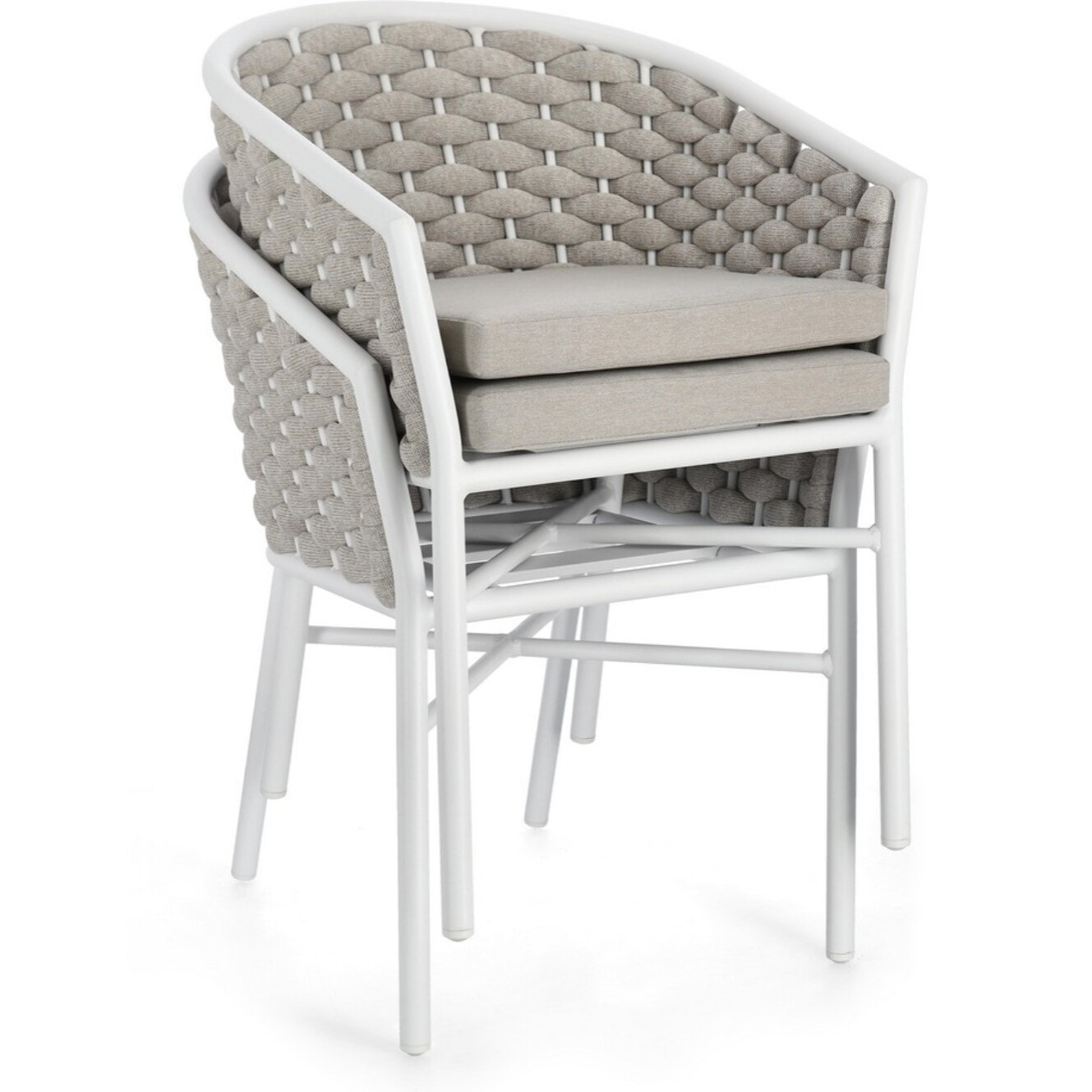 Set di 4 poltroncine MARGALIDA in alluminio bianco con intreccio in corda grigio, con braccioli