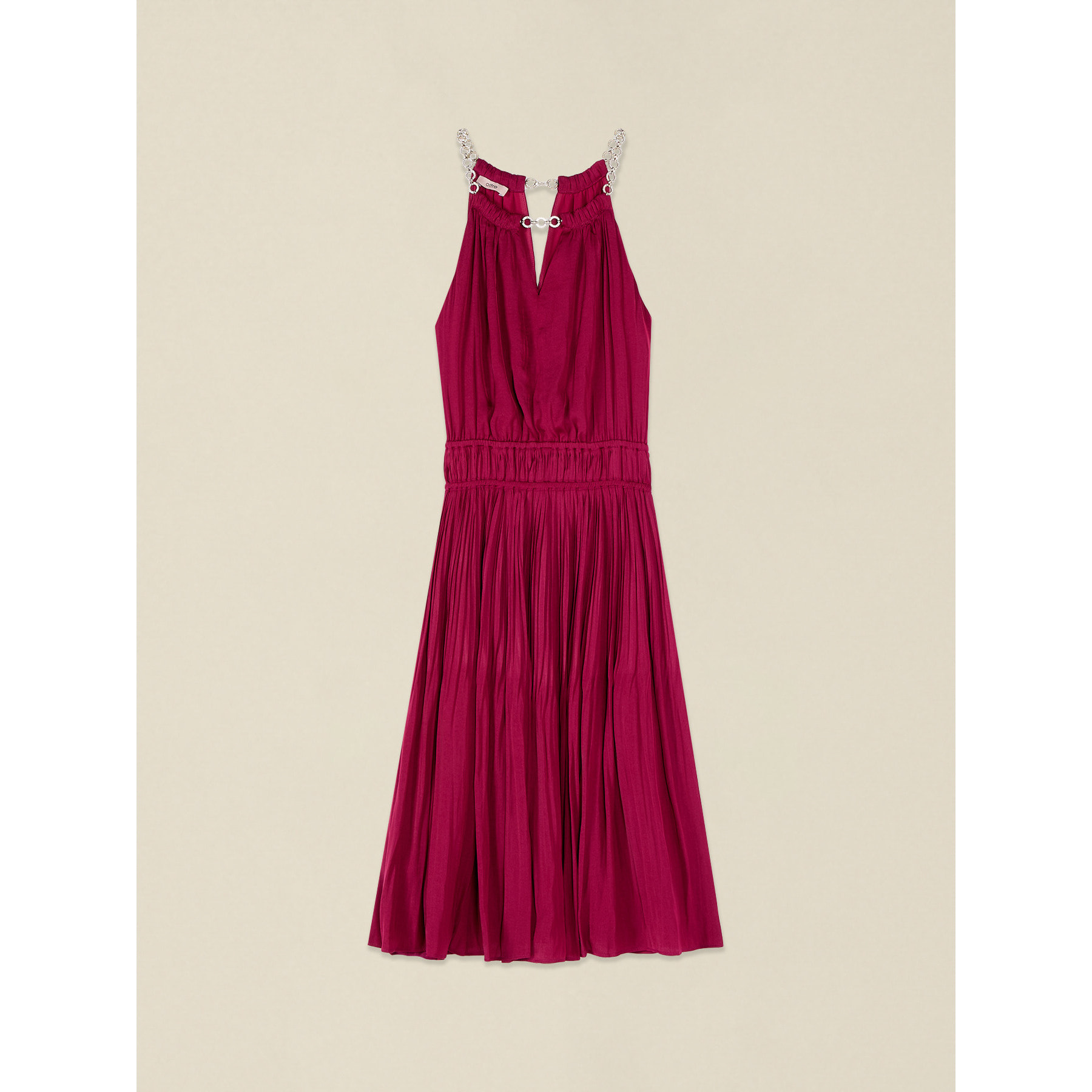 Oltre - Vestido flare de satén con collar joya - Burgundy