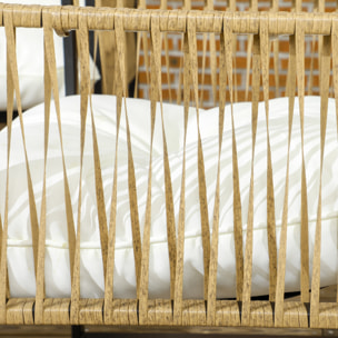 Conjunto Jardín Exterior de Ratán, Muebles Jardín Exterior para 4 Piezas, Muebles Terraza con 1 Sofá de 2 Plazas, 2 Sillones, Cojines y 1 Mesa de Tablero de Vidrio, para Patio, Crema y Marrón