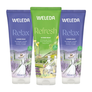 WELEDA - Trio Crème de Douche - Relax Lavande Apaisante X2 + Refresh Citron rafraîchissant X1 - Vegan* - Certifié Natrue ** -Tube 3*200ml