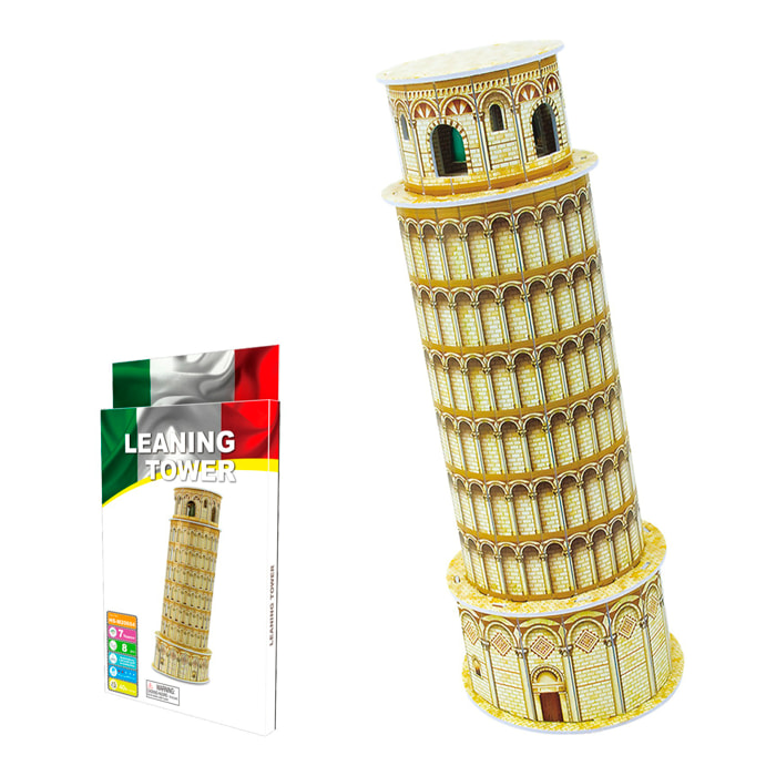 Puzzle 3D di cartone della Torre di Pisa situata in Italia. 8 pezzi.