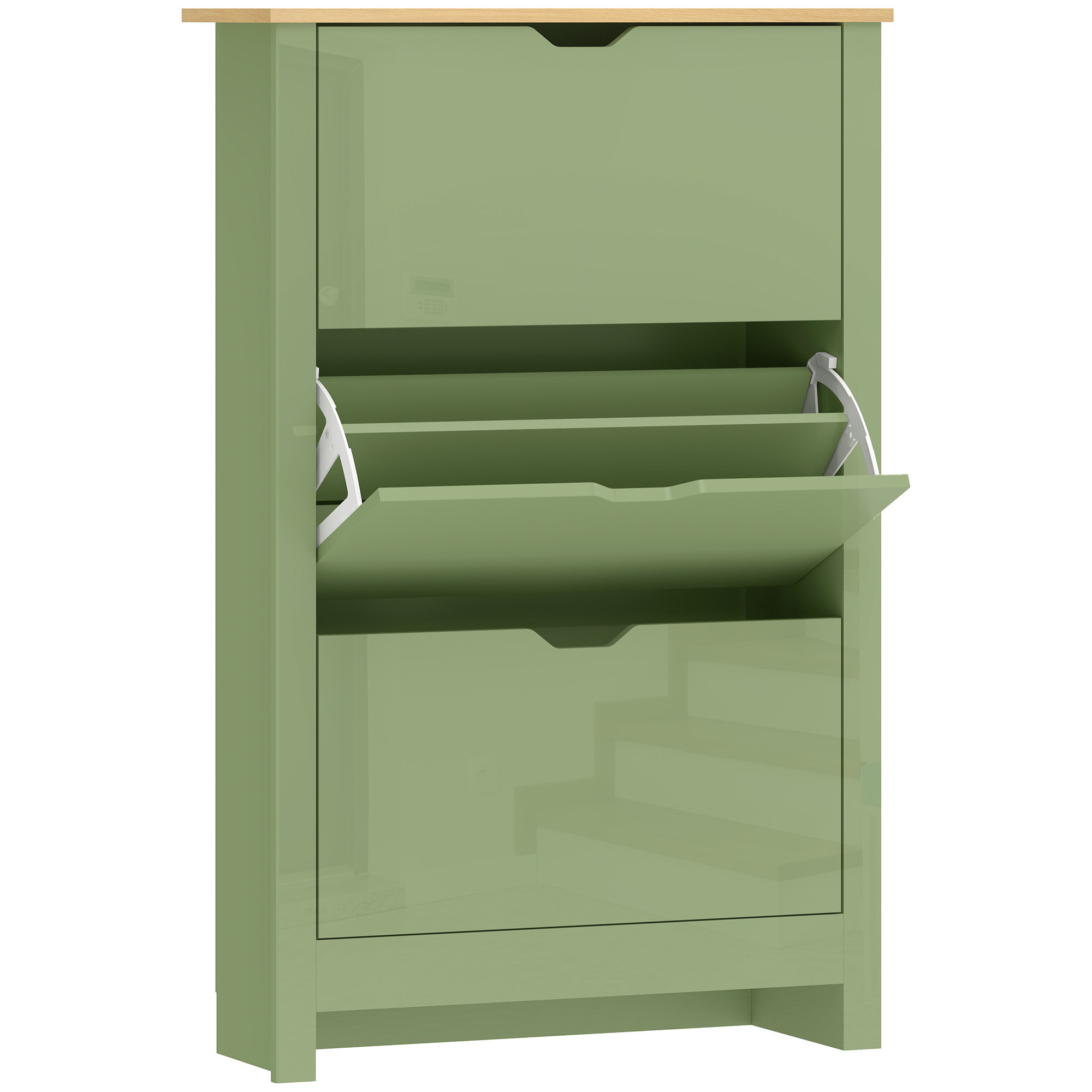Armoire à chaussures 3 portes abattantes 2 compartiments vert amande laqué naturel