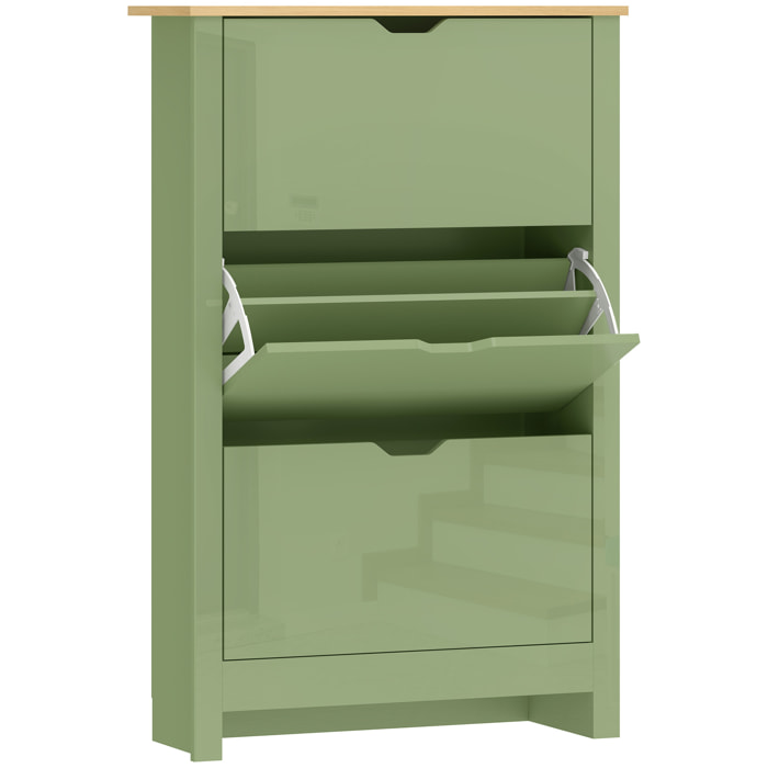 Armoire à chaussures 3 portes abattantes 2 compartiments vert amande laqué naturel
