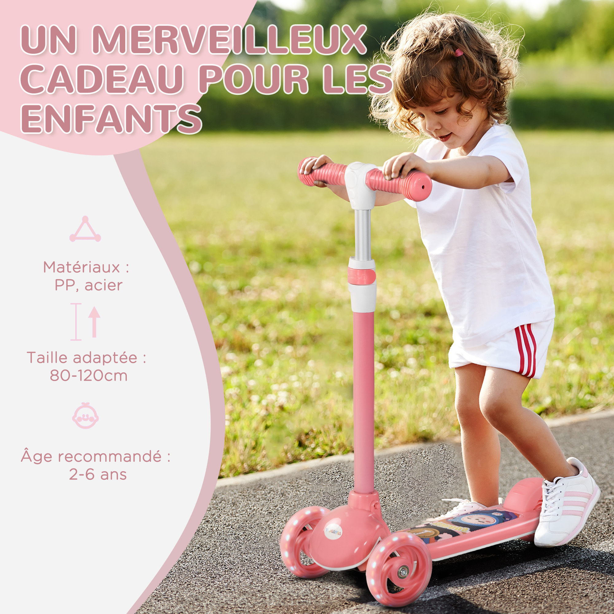 Trottinette pour enfants trottinette 3 roues lumineuses LED hauteur guidon réglable  frein à friction arrière rose