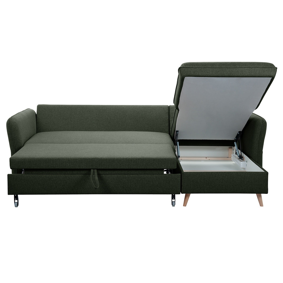 Canapé d'angle convertible réversible avec coffre 3-4 places en tissu vert kaki et bois clair DRISS