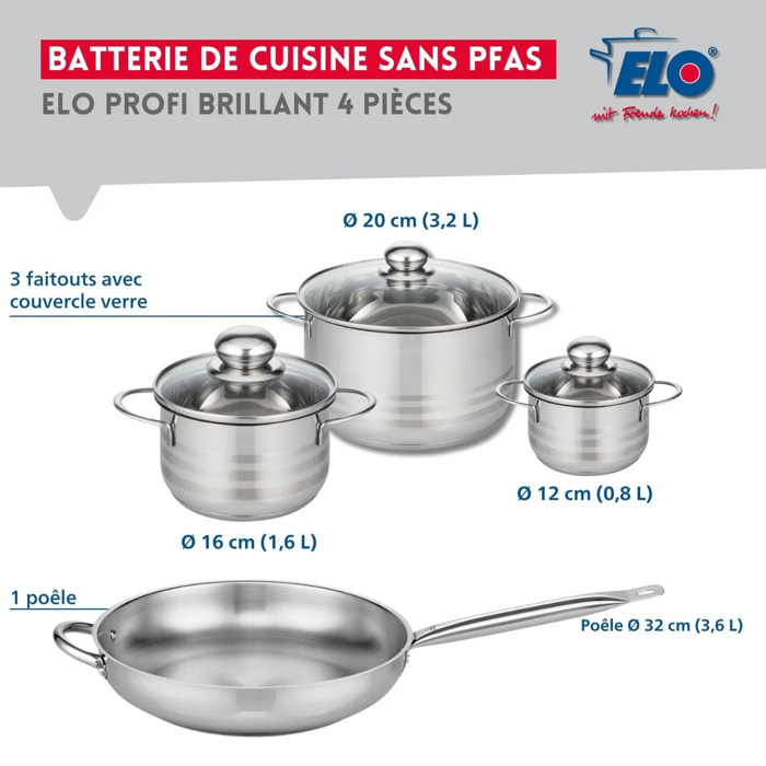 Ensemble de 1 Poêle de cuisson 32 cm et 3 faitouts 12, 16 et 20 cm Elo Profi Brillant