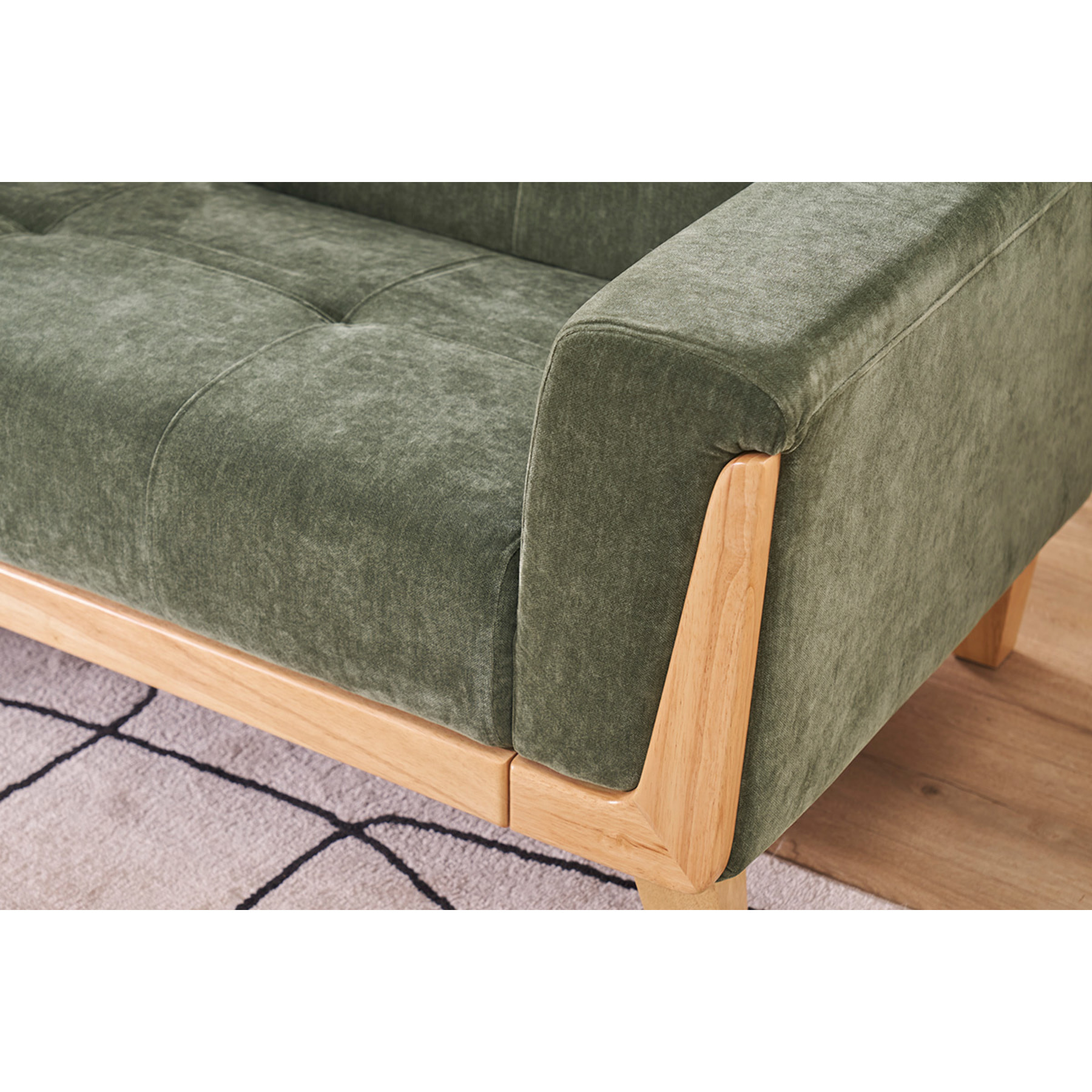 Canapé scandinave 2 places en tissu effet velours vert kaki et bois clair FJORD