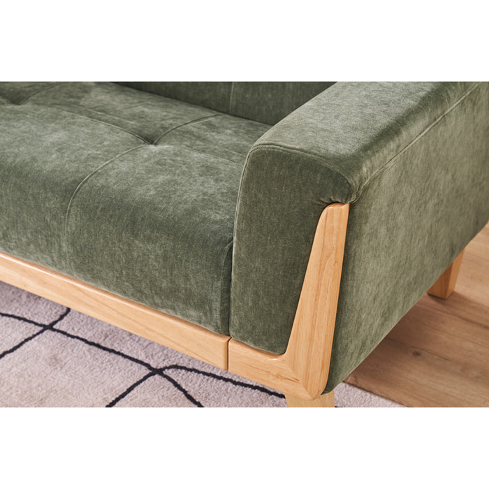 Canapé scandinave 2 places en tissu effet velours vert kaki et bois clair FJORD