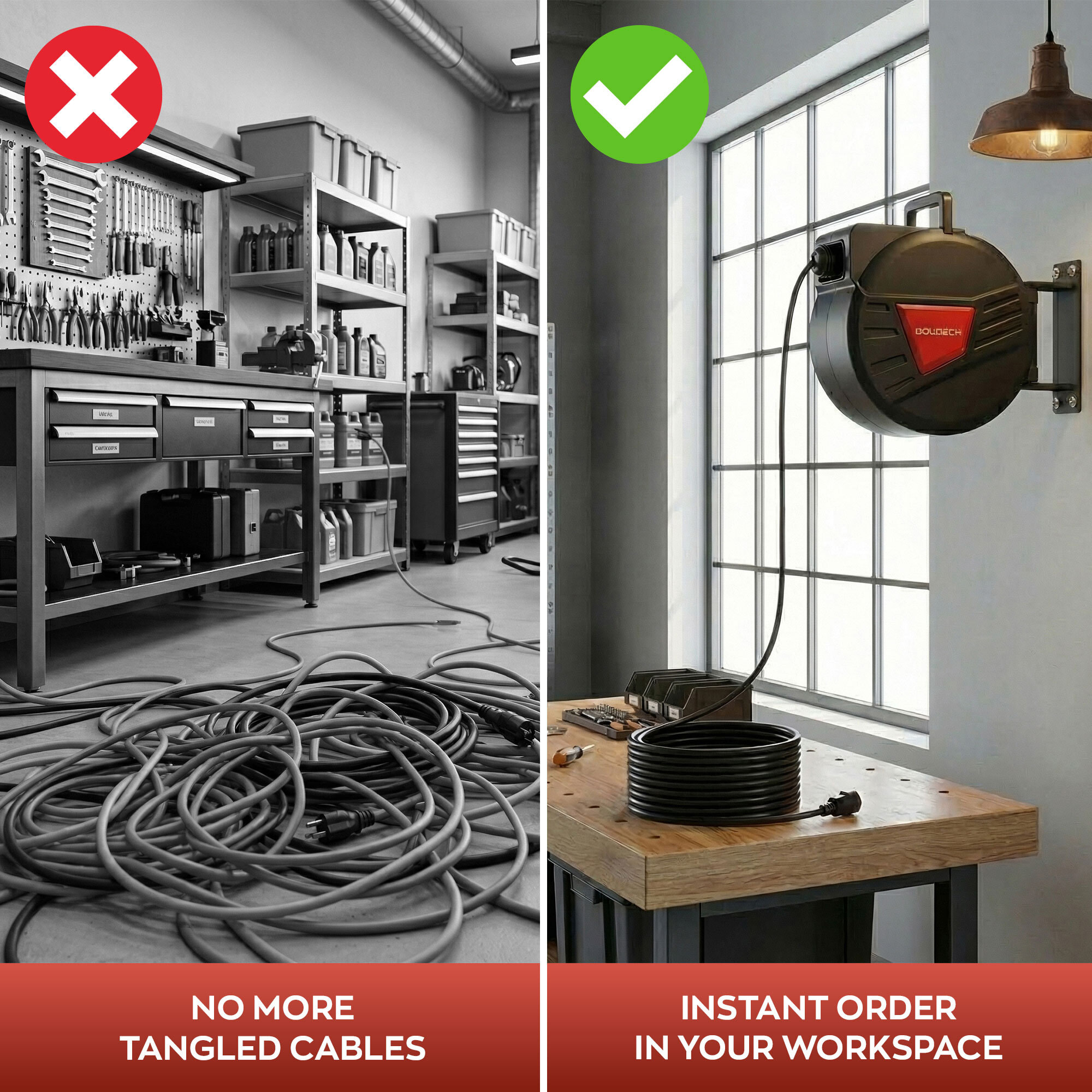 Denki 15 - Avvolgicavo Elettrico Automatico da Parete 15 m per esterno interno 250V Attacco Shuko in Polypropylene Nero