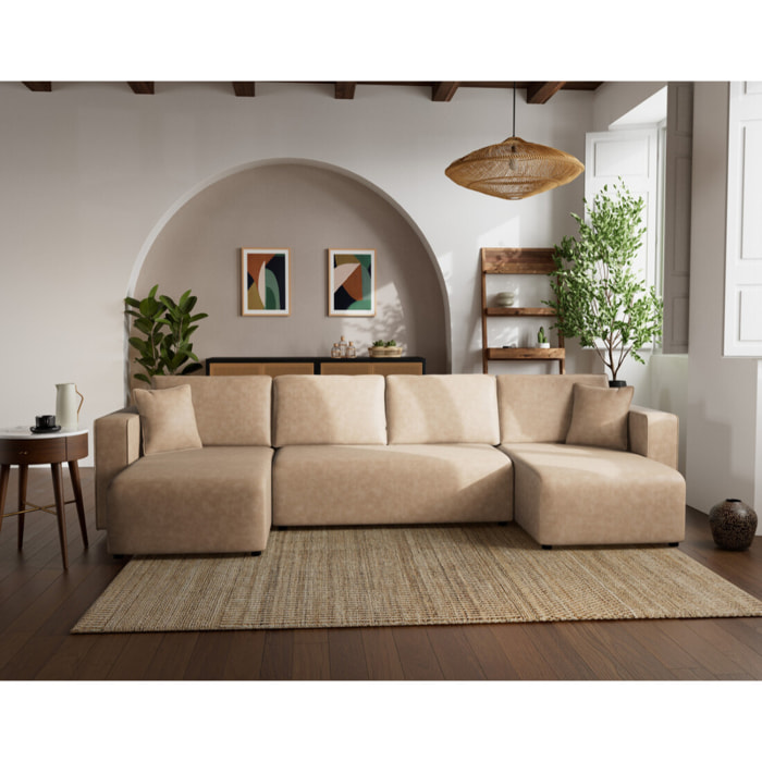 Topaze - canapé panoramique en U 7 places convertible avec coffre en simili - Beige