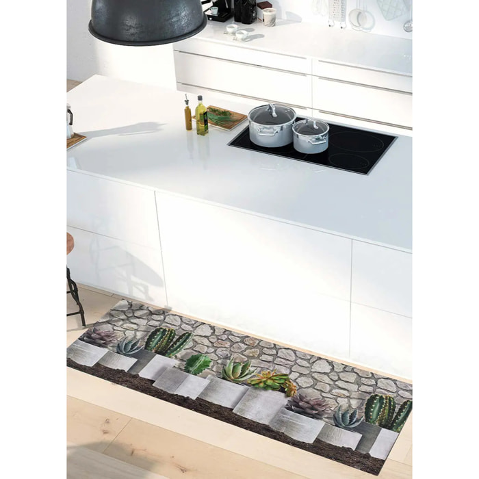 RICCI Alfombra vinílica de cocina dibujos con flores en gris, varias medidas disponibles.