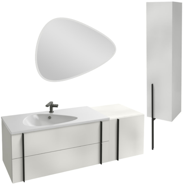 Meuble vasque 145 cm Nouvelle Vague blanc brillant + tiroir rack + colonne + miroir