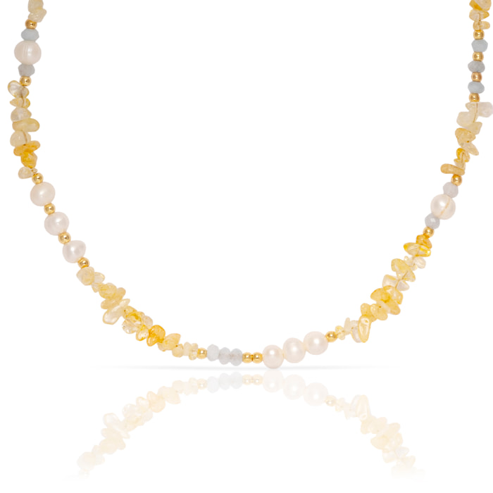 Sol Collar de perlas naturales y cuentas de citrina, con cierre de mosquetón.