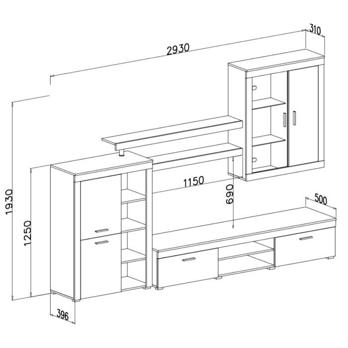 Parete Attrezzata Da Soggiorno Salotto Moderna Con Ante Mensole Vani A Giorno Vetrinetta Mobile TV Design Moderno 293x193x50 Cm Bianco Rovere Scuro