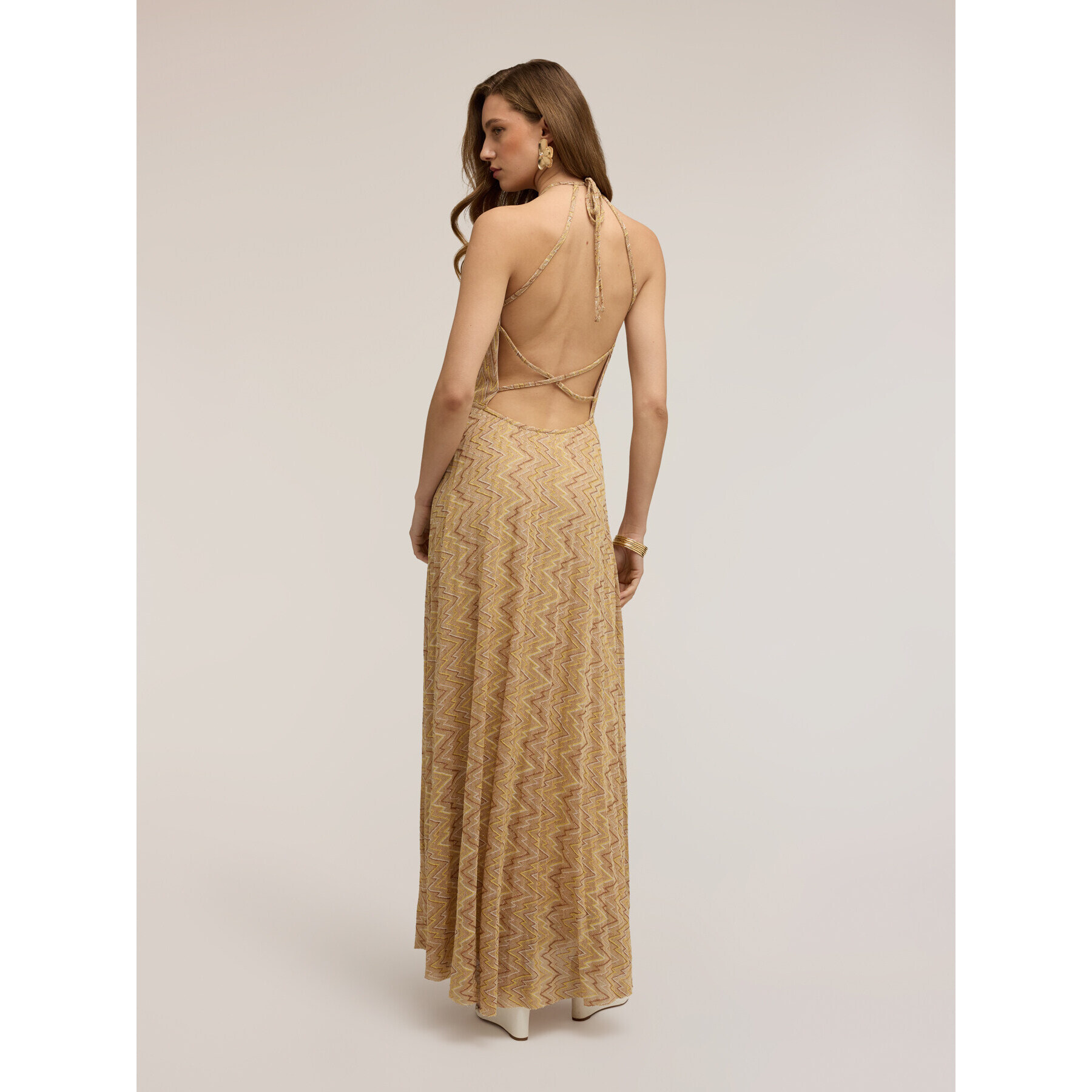 Motivi - Vestido flare largo mezcla lurex - Beige