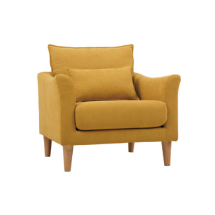 Fauteuil scandinave en tissu effet velours jaune moutarde et bois clair KATE