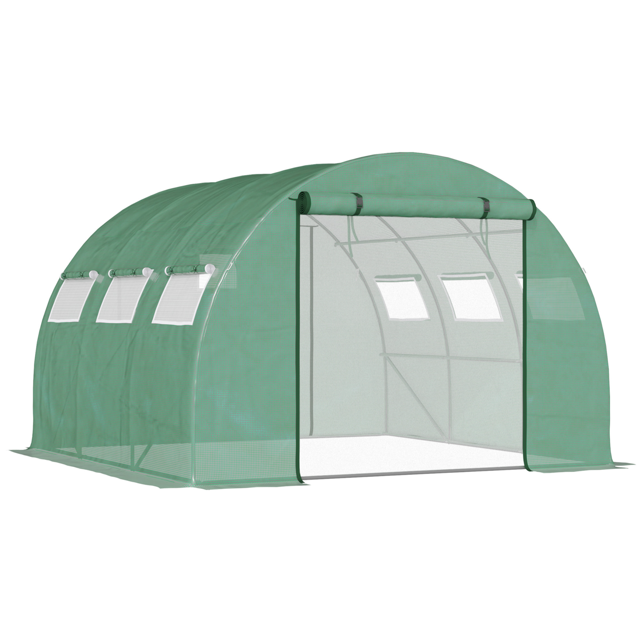 Serre tunnel de jardin grande taille dim. 3L x 2,95l x 1,97H m - 6 fenêtres, porte zippée enroulable - acier galvanisé PE haute densité vert