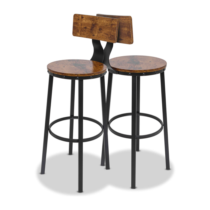 Shelby - Set di 2 sgabelli alti, sgabelli da bar con schienale in stile industriale, legno marrone