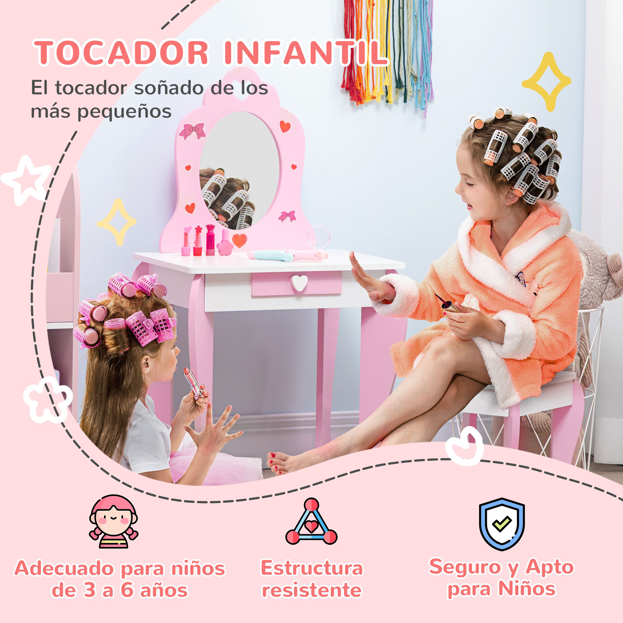Tocador Infantil Madera para Niñas 3-6 Años con Taburete y Espejo 50x36,5x89,5cm