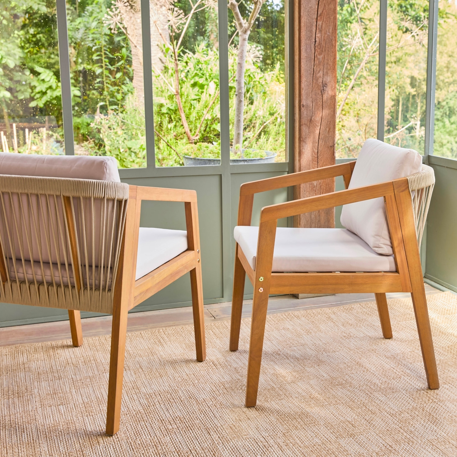 Lot de 2 fauteuils de jardin GRANADA en bois d'acacia avec cordes. 62 x 53 x 72 cm. résistant aux UV