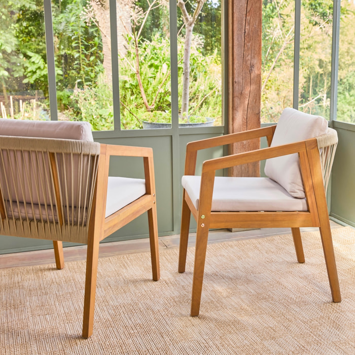 Lot de 2 fauteuils de jardin GRANADA en bois d'acacia avec cordes. 62 x 53 x 72 cm. résistant aux UV