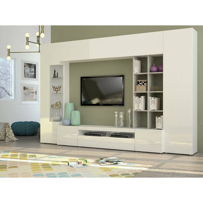 Parete attrezzata Azuro, Set salotto porta TV, Mobile soggiorno multiuso, 100% Made in Italy, cm 290x40h192, Bianco lucido e Cemento